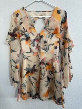 BCB Generation - Sheer Floral Peasant Dress in Cream with Yellow & Teal